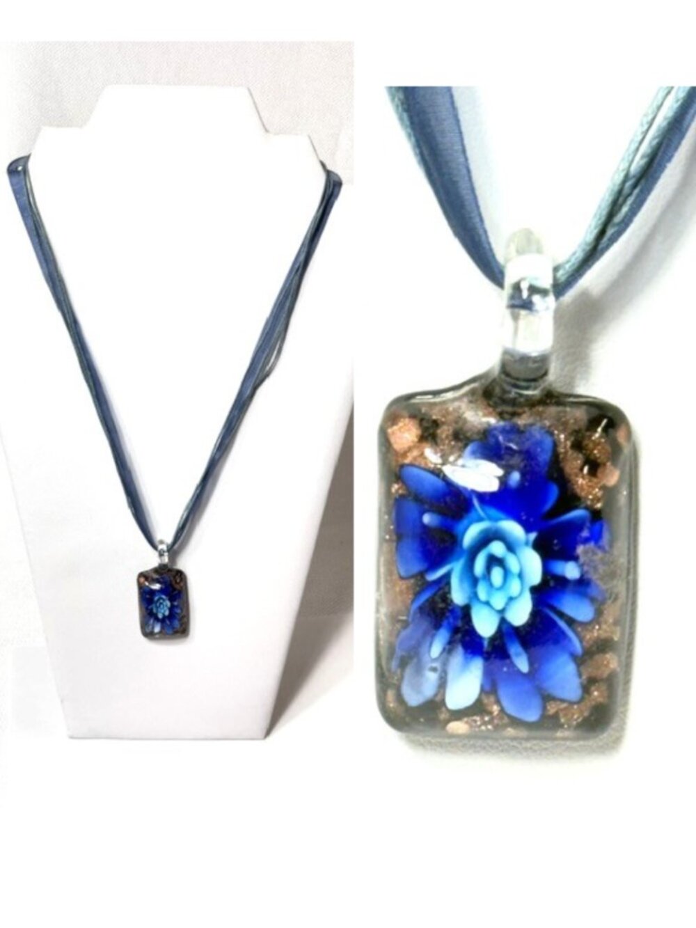 Blue flower/floral 20" dichroic glass pendant necklace.